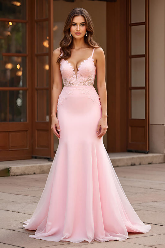 Pink Lace Spaghetti Straps Long Prom Dress