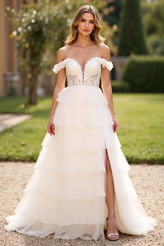 Off the Shoulder White A Line Lace Long Prom Dress with Slit