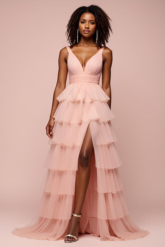 Pink Deep V-Neck Tiered Long Prom Dress with Slit