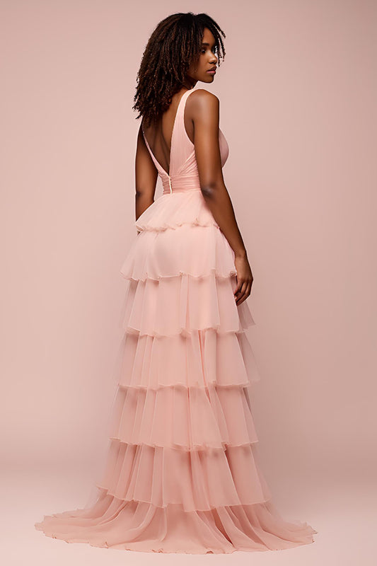 Pink Deep V-Neck Tiered Long Prom Dress with Slit