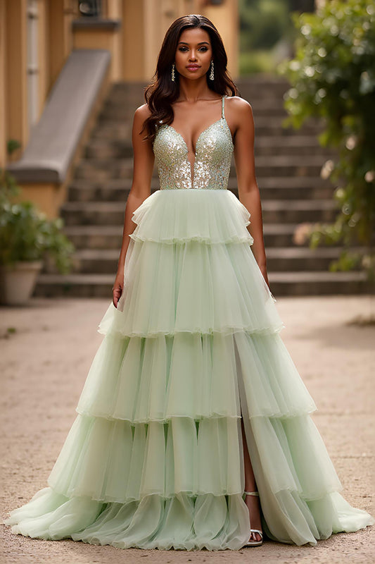 Light Green Tulle Tiered A Line Long Prom Dress with Slit