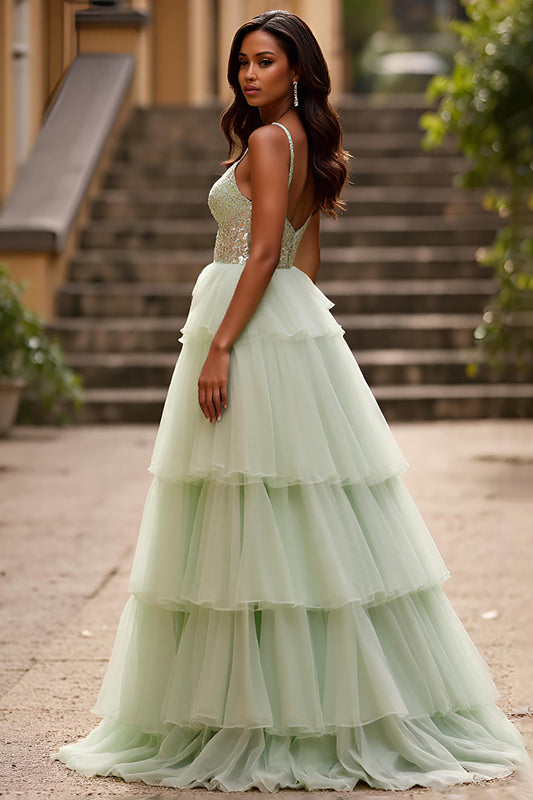 Light Green Tulle Tiered A Line Long Prom Dress with Slit
