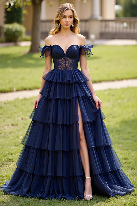 Navy Off the Shoulder Lace A Line Long Prom Dress with Slit