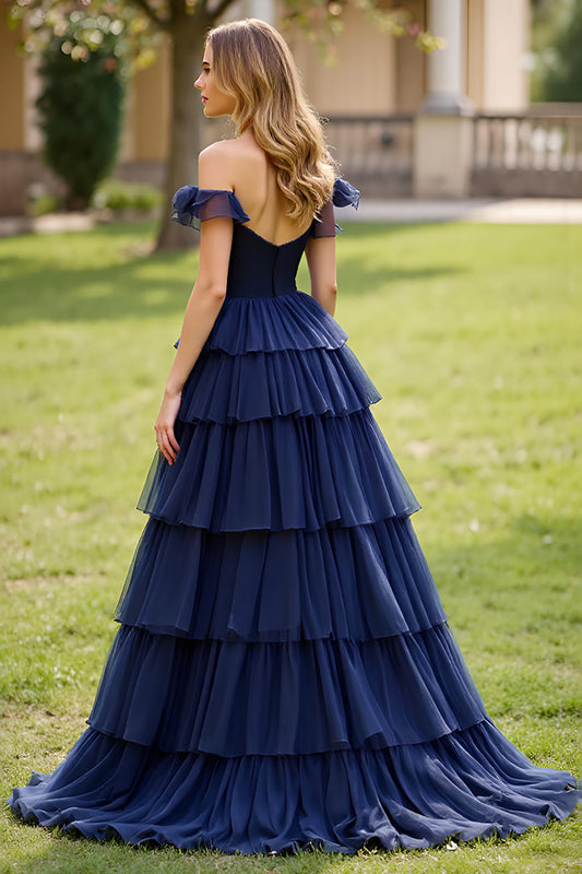 Navy Off the Shoulder Lace A Line Long Prom Dress with Slit