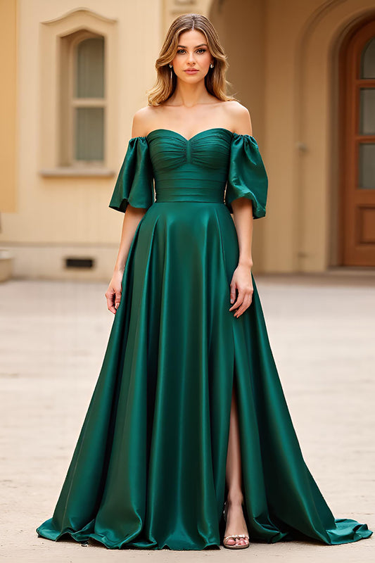 Dark Green A Line Satin Long Prom Dress with Slit