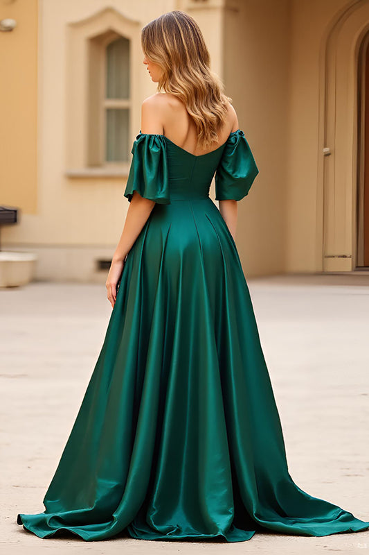 Dark Green A Line Satin Long Prom Dress with Slit