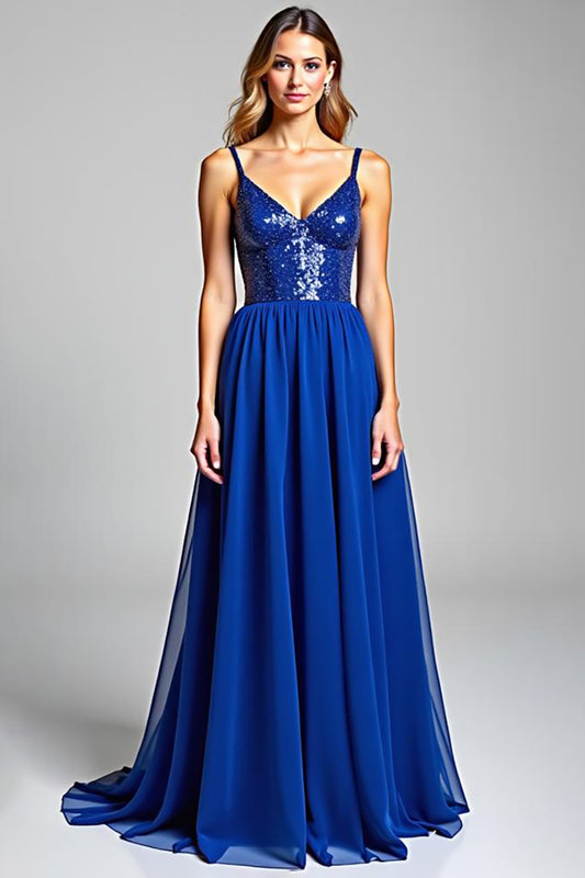 Royal Blue Chiffon V-Neck A Line Long Prom Dress