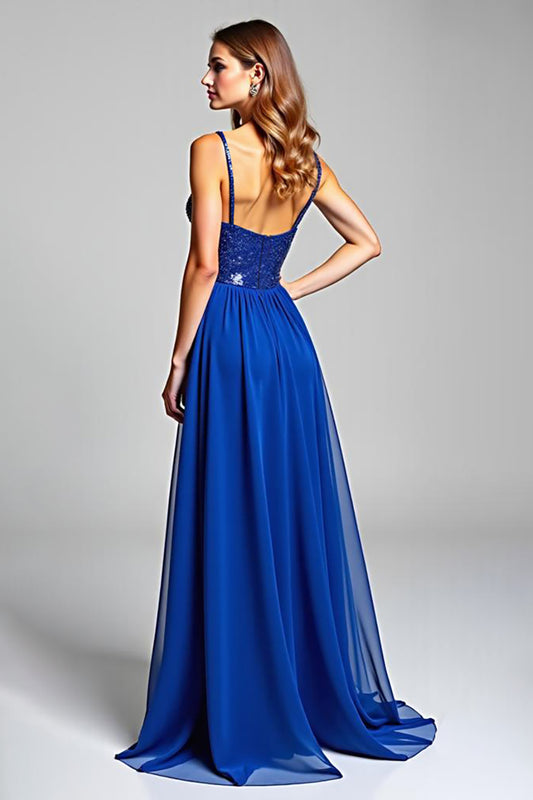 Royal Blue Chiffon V-Neck A Line Long Prom Dress