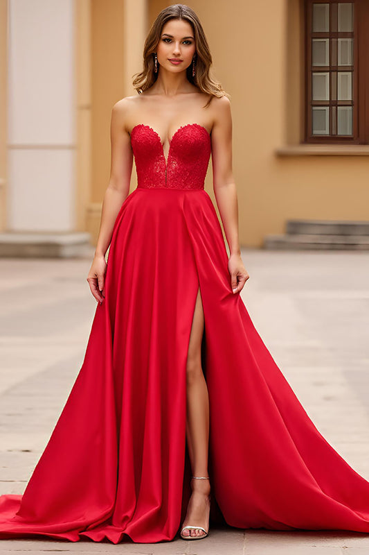 Red Long Strapless Satin Prom Dress with Slit