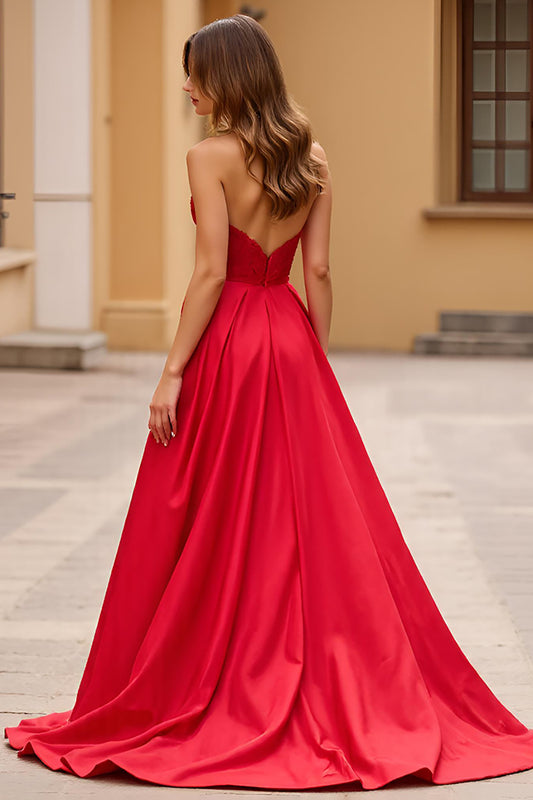 Red Long Strapless Satin Prom Dress with Slit