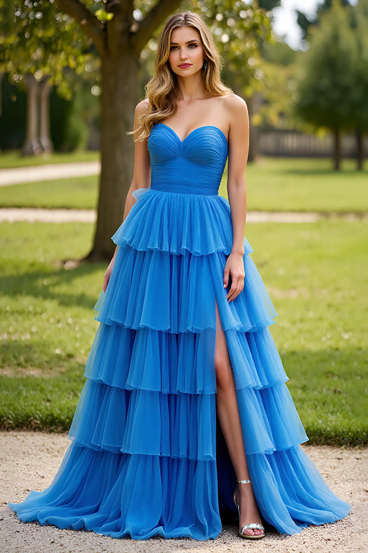 Blue Long A Line Strapless Prom Dress with Slit