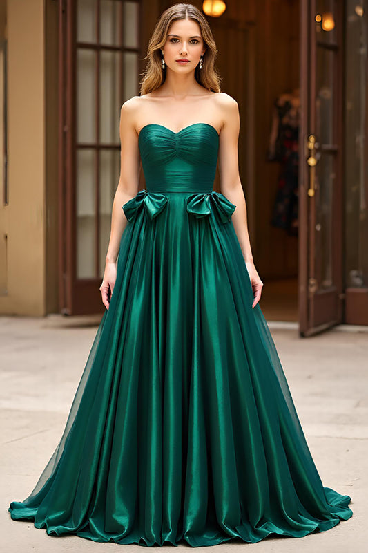 Dark Green Long A Line Sweetheart Prom Dress with Bow