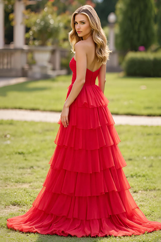 Red Square Neck A Line Tiered Long Prom Dress with Slit