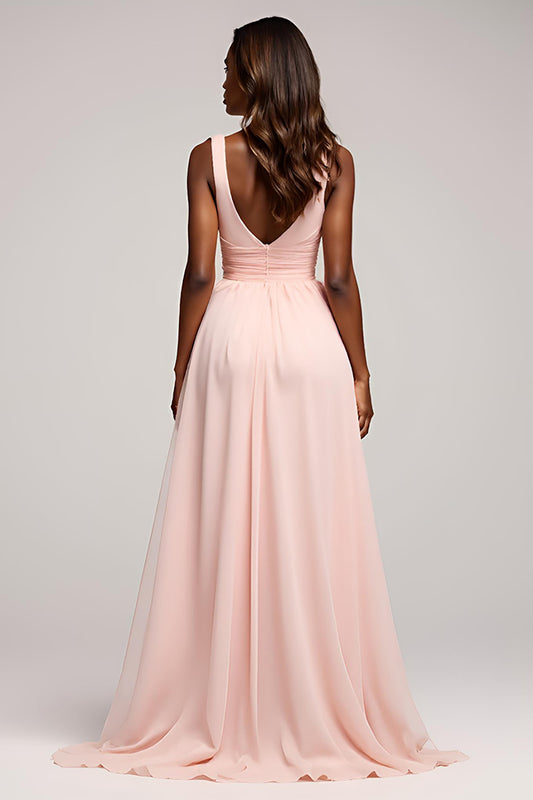 A Line Pink Deep V-Neck Long Prom Dress with Slit