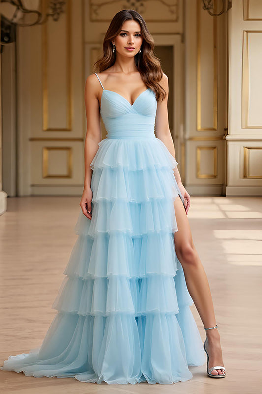 Sky Blue Tiered Spaghetti Straps Long Prom Dress with Slit