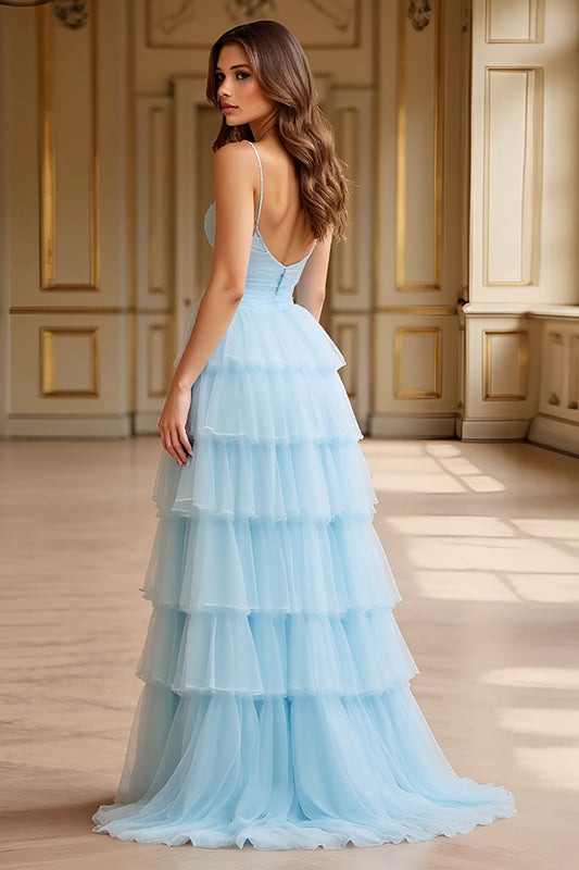 Sky Blue Tiered Spaghetti Straps Long Prom Dress with Slit