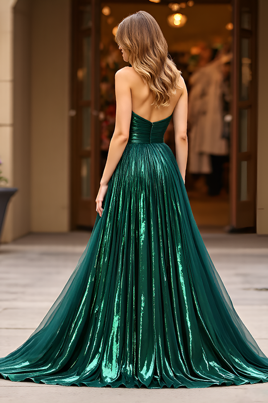 Glitter Dark Green Square Neck Bow Long Prom Dress with Slit