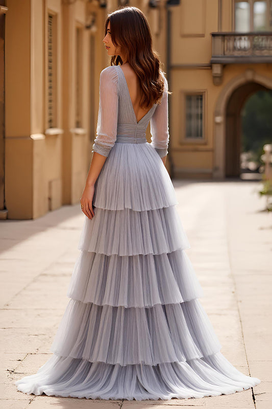 Grey Half Sleeves A Line Long Prom Dress with Slit