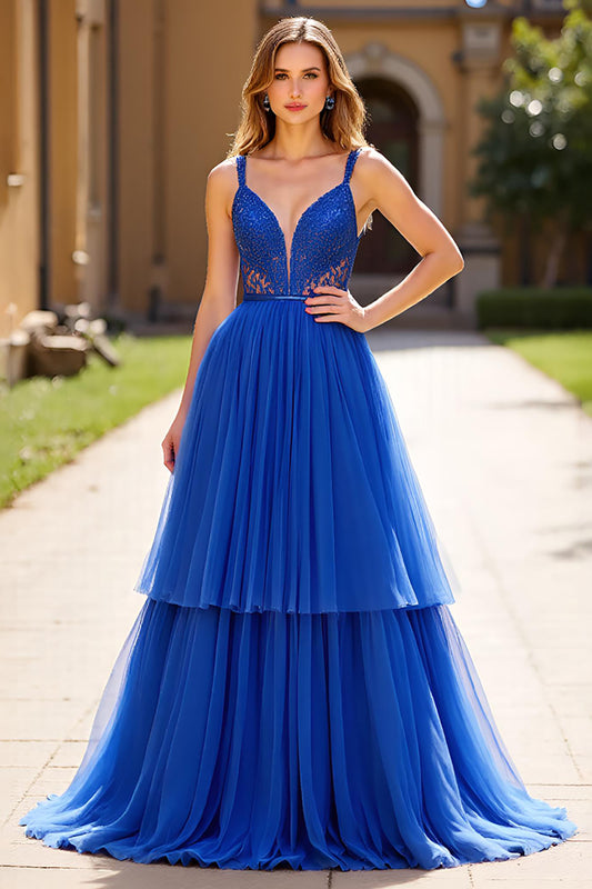 Royal Blue Lace A Line Tulle Long Prom Dress