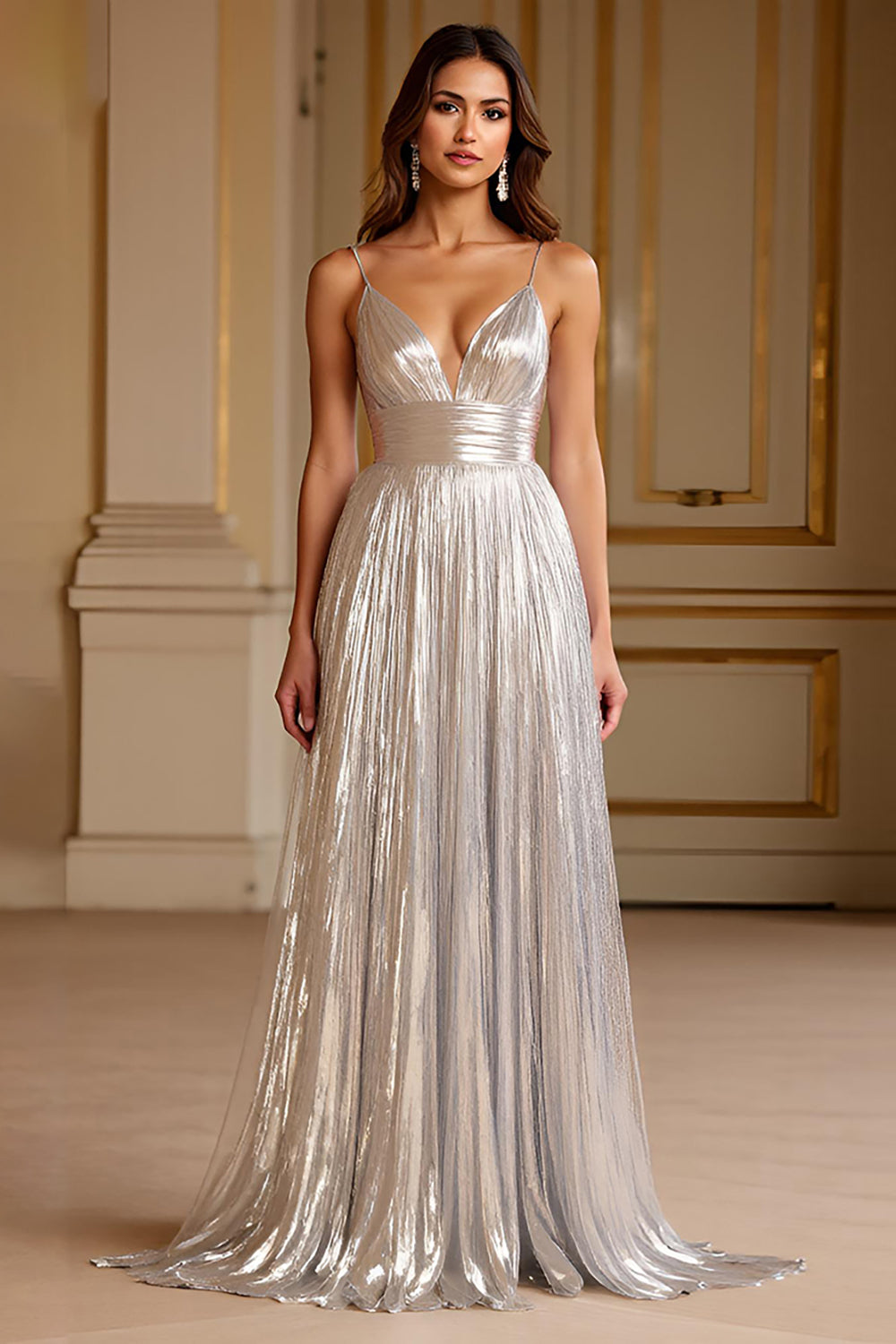 Zapaka Women Glitter Silver Formal Dress Spaghetti Straps A Line Pleated V Neck Long Evening Dress, Silver / US8 Zapaka Women Glitter Silver Formal Dress Spaghetti Straps A Line Pleated V Neck Long Evening Dress, Silver / US8