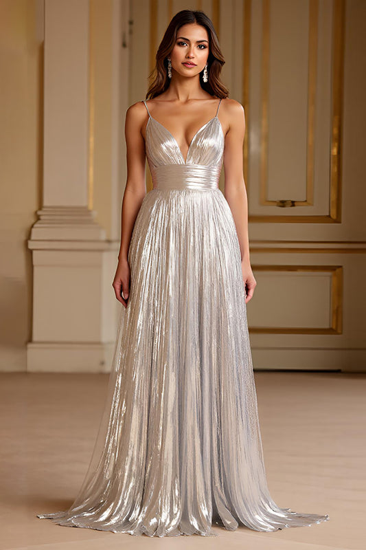 Silver Glitter Deep V-Neck Long Prom Dress