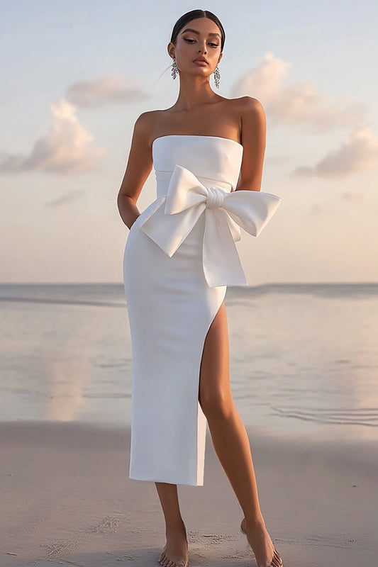 White Sheath Satin Bowknot Long Graduation Dress with Slit