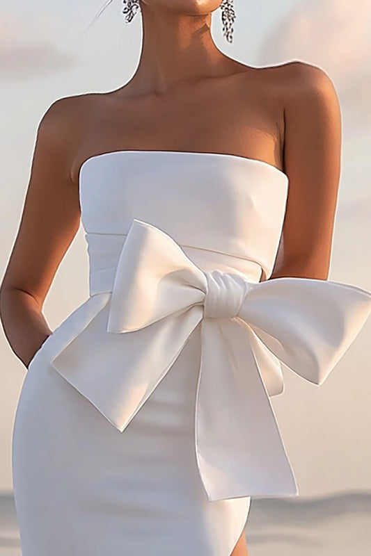 White Sheath Satin Bowknot Long Graduation Dress with Slit