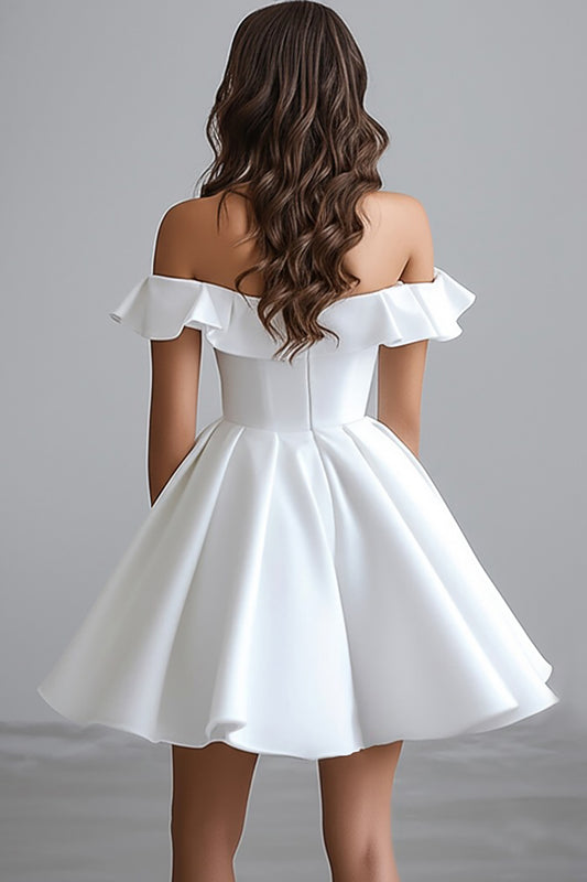 A Line White Satin Off the Shoulder Mini Graduation Dress with Ruffles