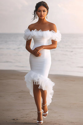 Sheath Tulle White Graduation Dress with Ruffles Off the Shoulder Ruched Long Engagement Dress