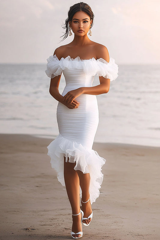 Sheath Tulle White Graduation Dress with Ruffles Off the Shoulder Ruched Long Engagement Dress