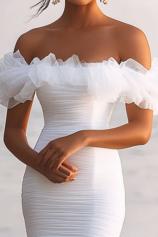 Sheath Tulle White Off the Shoulder Ruched Graduation Dress with Ruffles