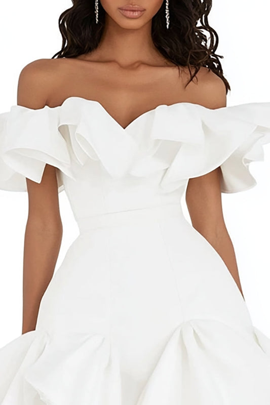 White Satin A Line Mini Graduation Dress with Ruffles