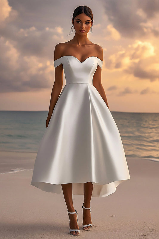 Off the Shoulder White A Line Satin Sweetheart Long Graduation Dress