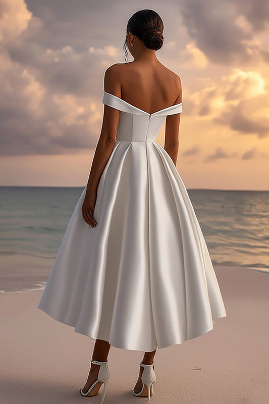 Off the Shoulder White A Line Satin Sweetheart Long Graduation Dress
