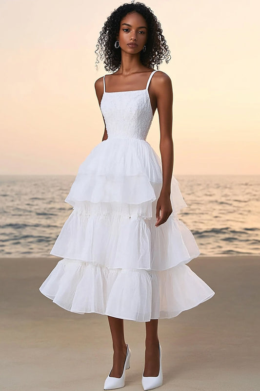 A Line Tiered White Spaghetti Straps Long Tulle Graduation Dress