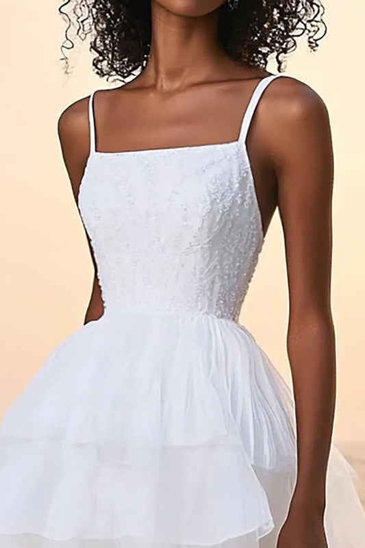 A Line Tiered White Spaghetti Straps Long Tulle Graduation Dress