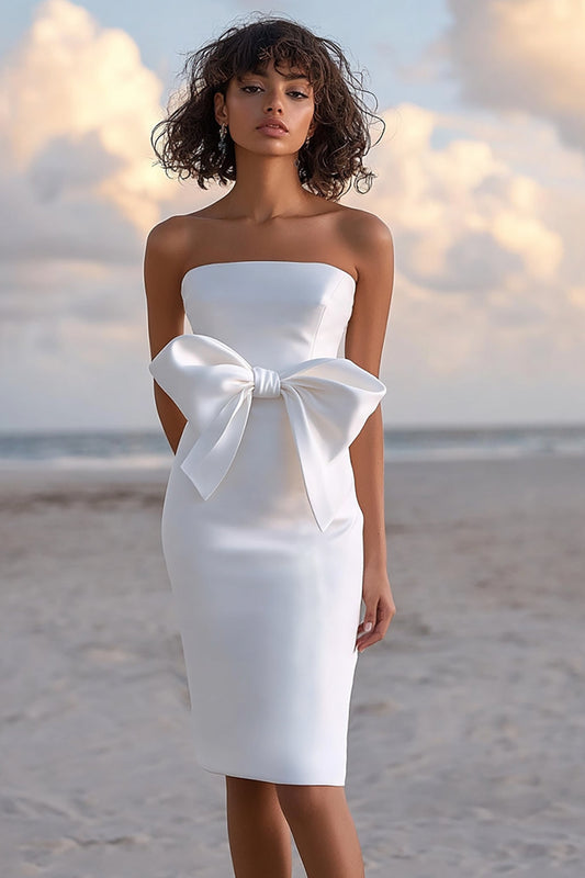 Satin White Bodycon Square Neck Long Graduation Dress with Bow