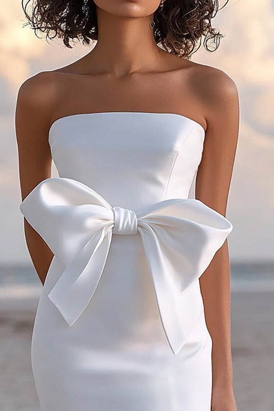 Satin White Bodycon Square Neck Long Graduation Dress with Bow