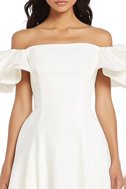 A Line Satin White Off the Shoulder Long Graduation Dress with Ruffles