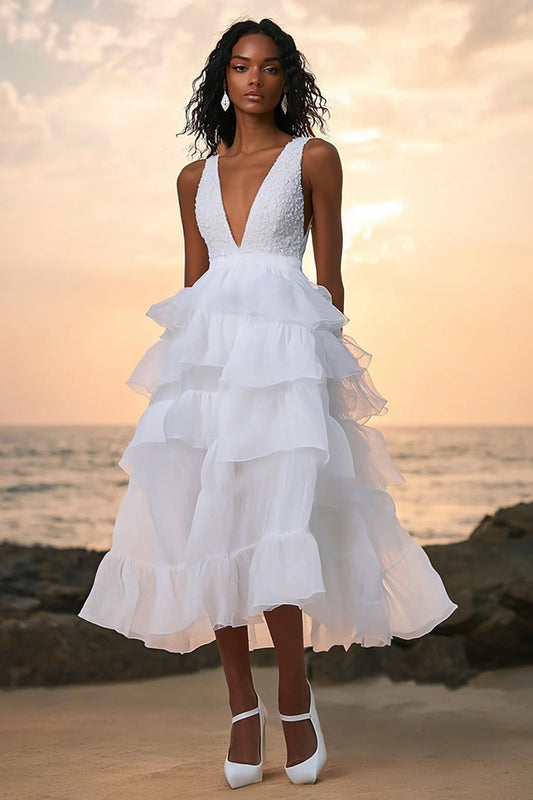 V-Neck White A Line Tulle Tiered Deep Long Graduation Dress