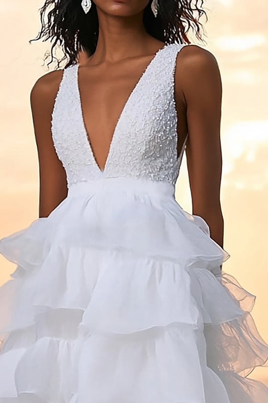 V-Neck White A Line Tulle Tiered Deep Long Graduation Dress