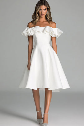 A Line White Satin Off the Shoulder Long Graduation Dress with Ruffles