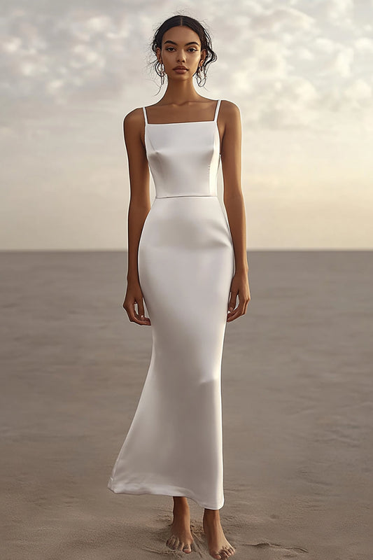 Spaghetti Straps White Sheath Satin Strapless Long Graduation Dress