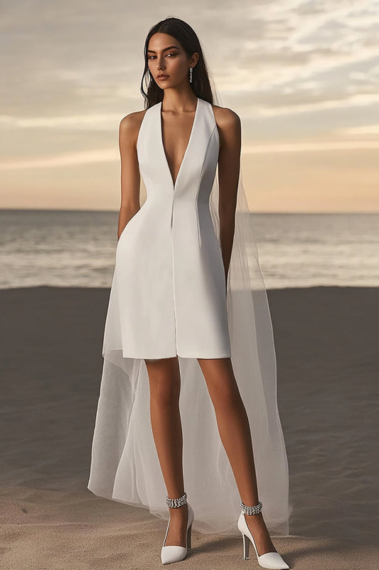 Sheath Satin White Deep V-Neck Short Graduation Dress