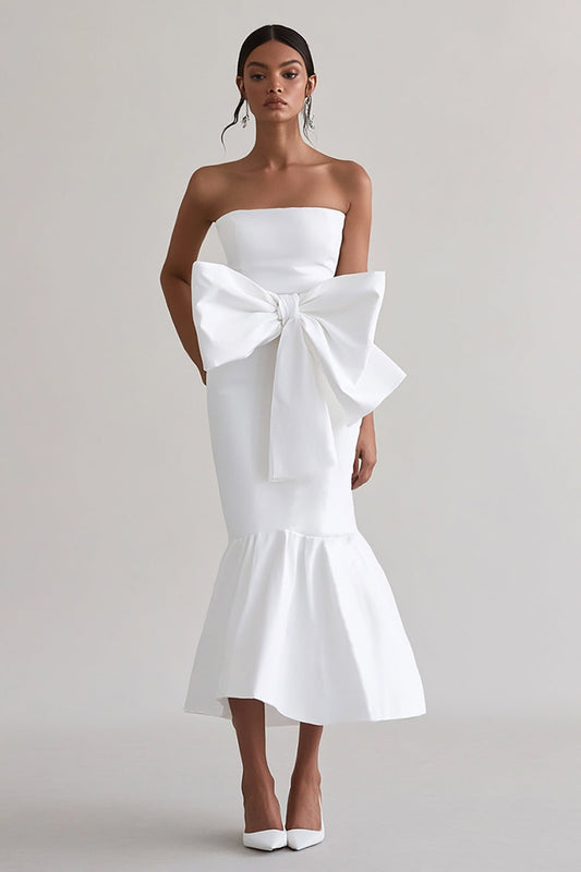 White Sheath Satin Long Bowknot Graduation Dress