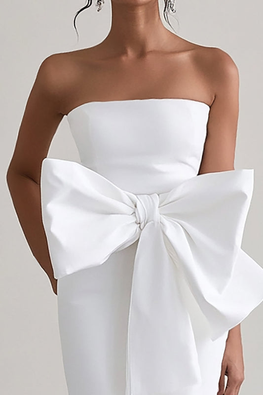 White Sheath Satin Long Bowknot Graduation Dress