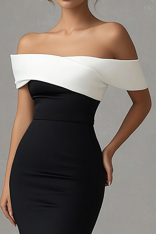 Off the Shoulder Black White Satin Long Black Tie Dress with Slit