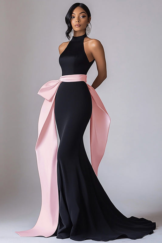 Black Pink Halter Sleeves Long Black Tie Dress with Streamer