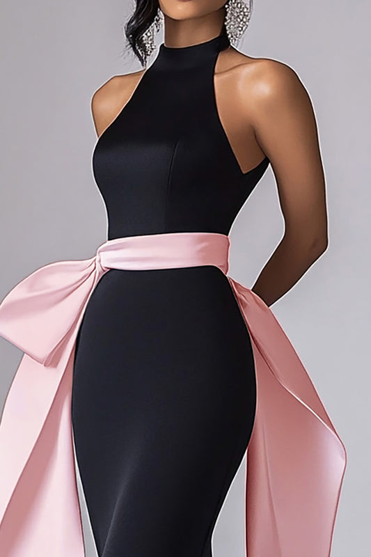 Black Pink Halter Sleeves Long Black Tie Dress with Streamer
