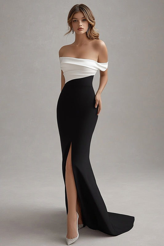 Black White Long Off the Shoulder Sheath Black Tie Dress with Slit